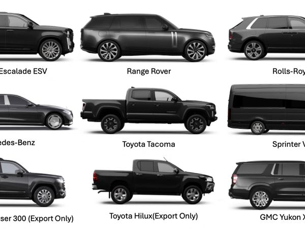 Side profile views of various black luxury and utility vehicles with labels.