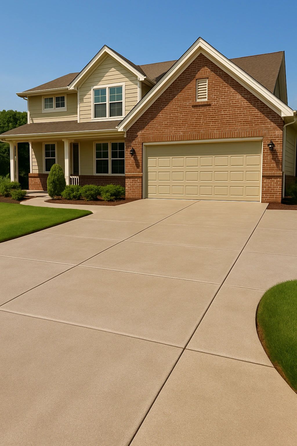 Clean light-gray broom-finish concrete driveway and walkway at modern brick home.