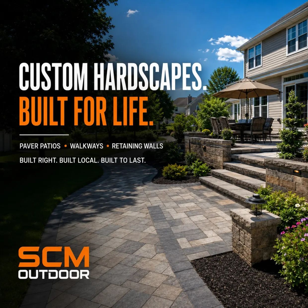 Elegant custom hardscape patio with paver stones and retaining walls.
