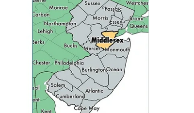 Map highlighting Middlesex County in New Jersey and surrounding counties.