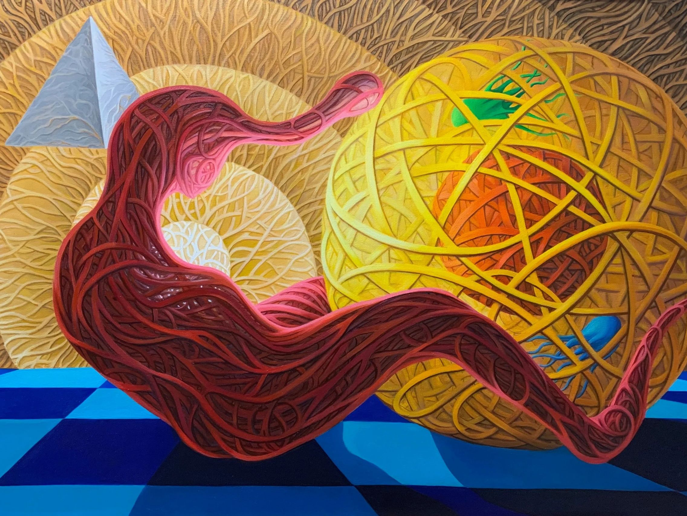 Abstract surreal painting with intertwined organic and geometric shapes.