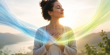 Woman meditating outdoors with light effects.