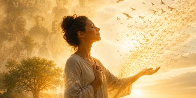 A woman embracing peace and memories in a glowing sunset.