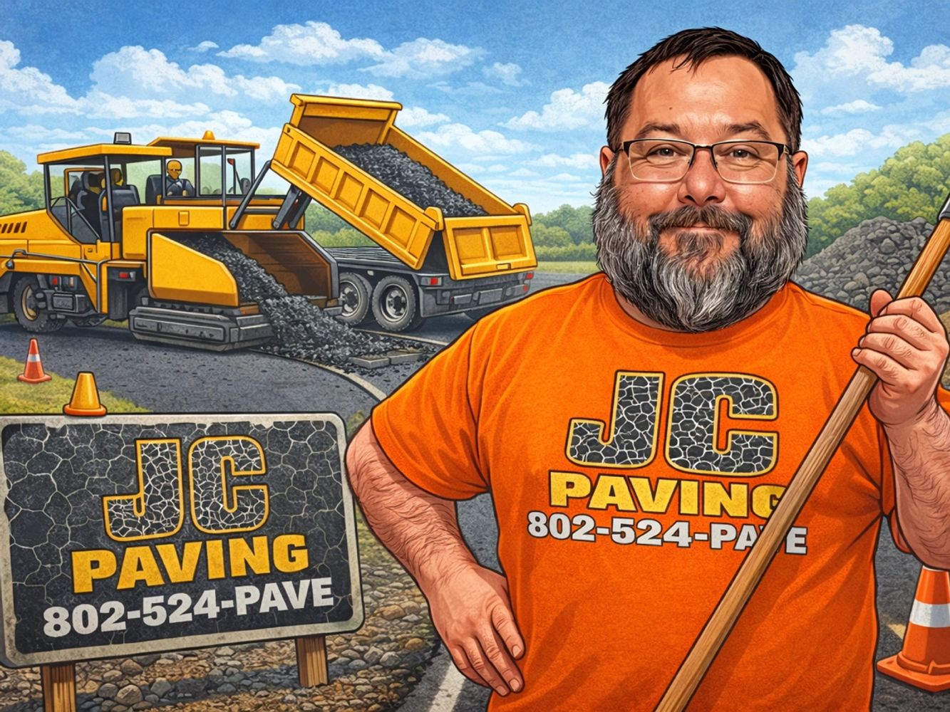 A smiling man in an orange JC Paving shirt stands by paving machinery and a sign.