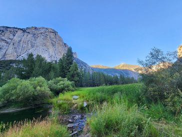 Scenic mountain and forest landscape under clear sky.