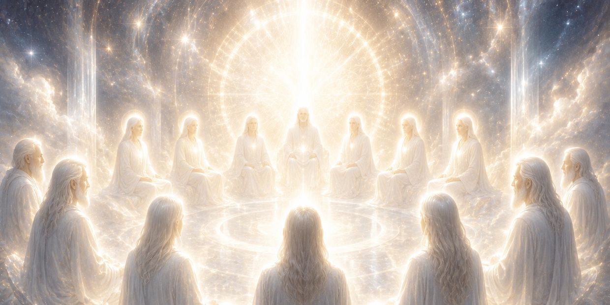 Seres iluminados en círculo en un entorno celestial y brillante.