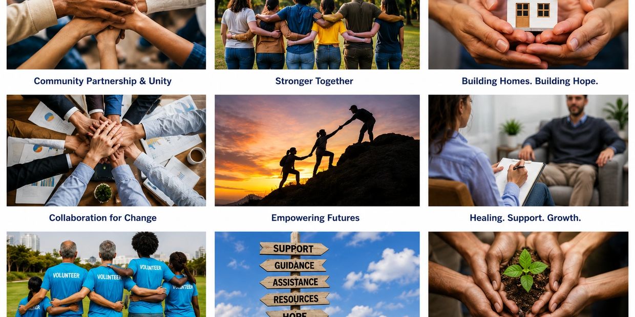 Collage of teamwork, support, and community growth images with motivational captions.
