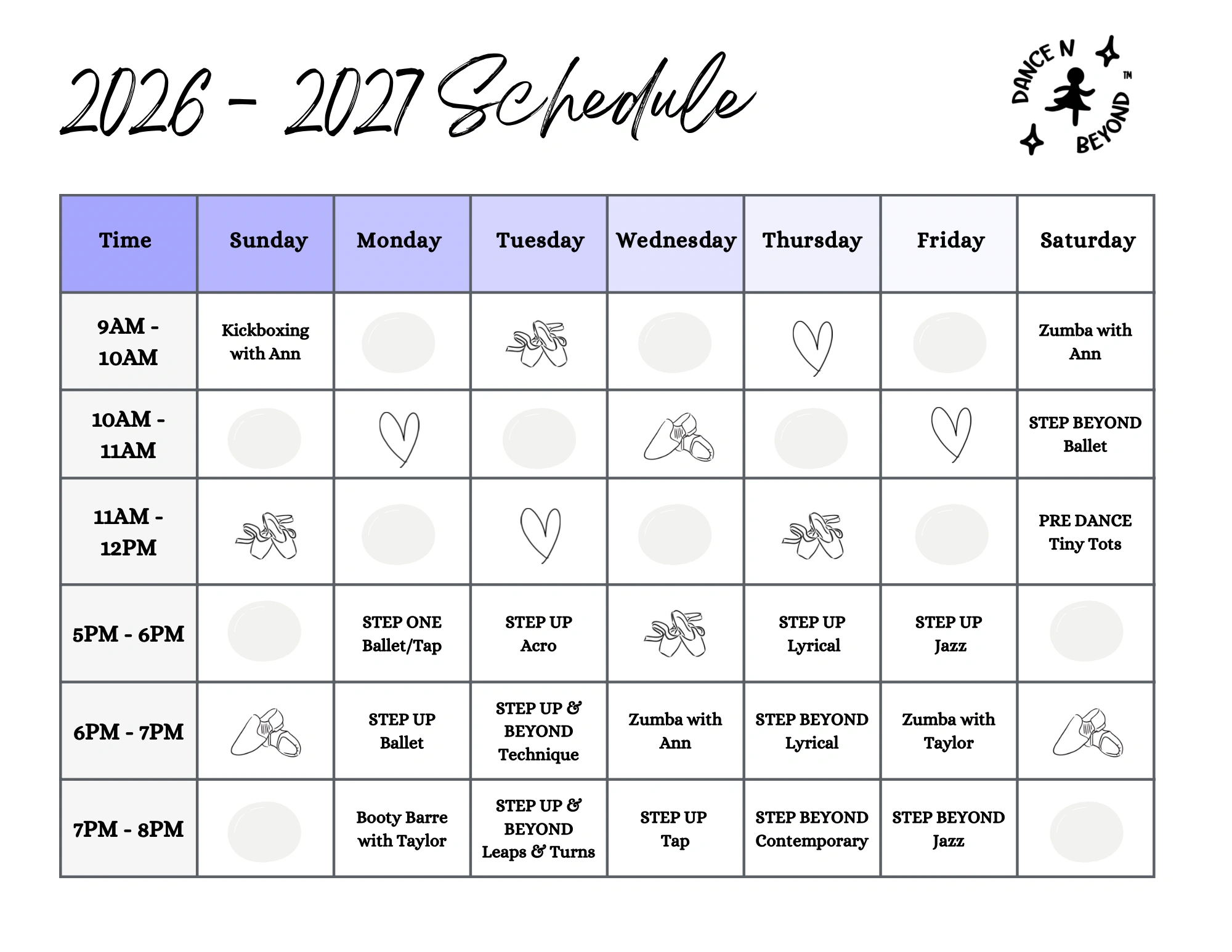 2026-2027 Dance Schedule with various dance classes and times.