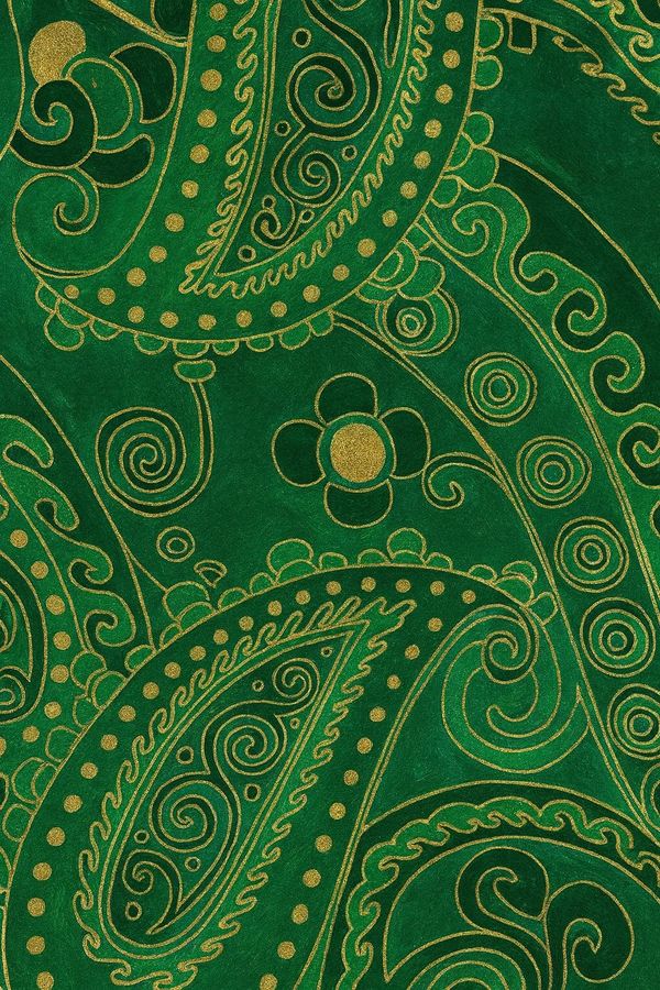 Green fabric with intricate gold paisley and floral designs.