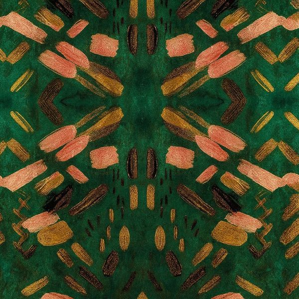 Abstract symmetrical pattern with green, pink, gold, and brown brush strokes.