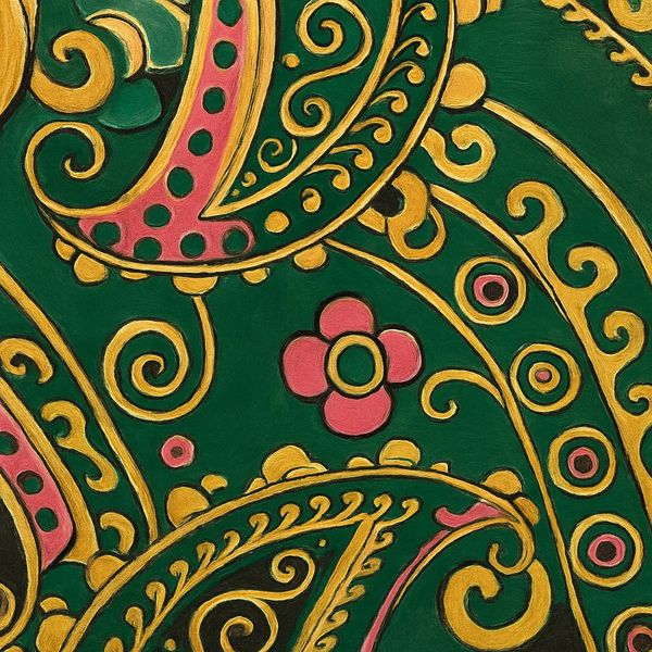 Intricate green, gold, and pink paisley pattern with floral accents.
