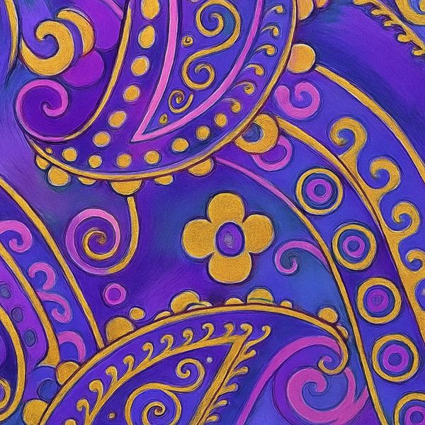 Vibrant purple and gold paisley pattern with intricate swirls and floral motifs.