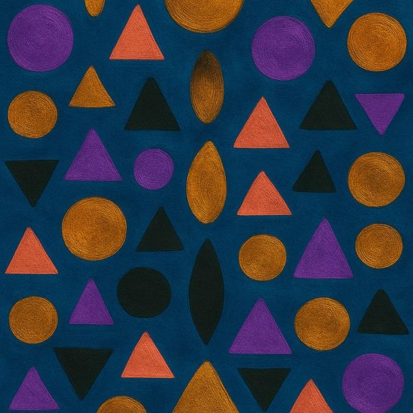 A colorful geometric pattern with circles, triangles, and ovals on a dark blue background.