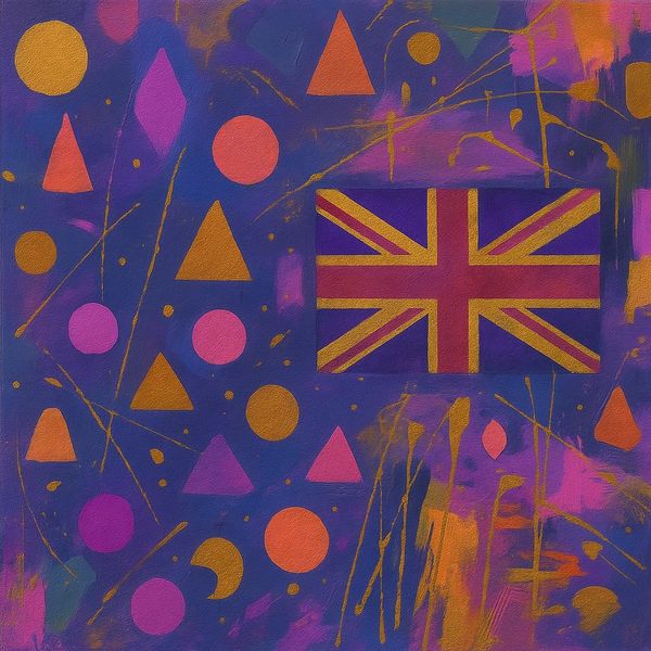Abstract painting of the UK flag with colorful geometric shapes on a purple background.