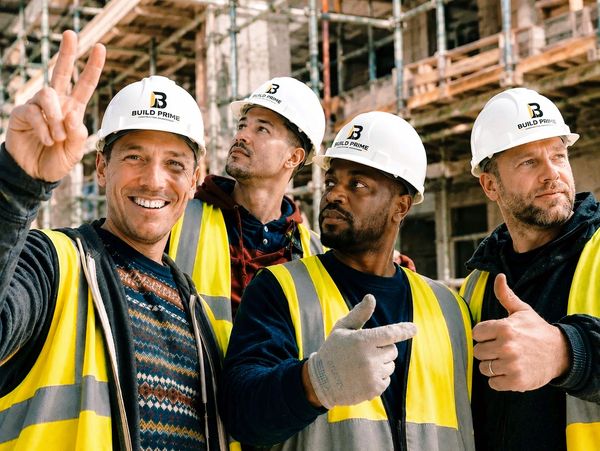 Build Prime construction team wearing branded safety helmets on a commercial construction project in
