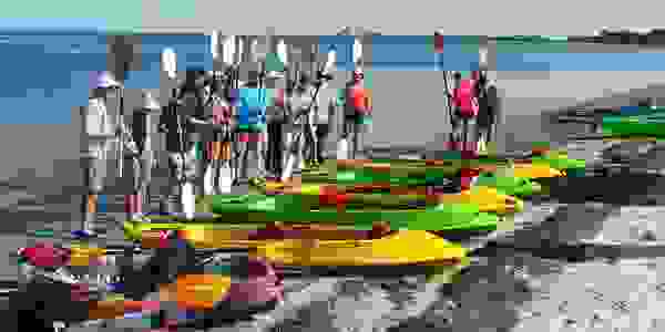 group of 10 people on the beach with 10 kayaks in sarasota
www.sharkeyssarasota.com