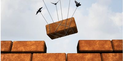 Birds dropping bricks into a wall to represent employing a person in an organisation.