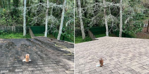 Before and after of pressure and soft washing a roof