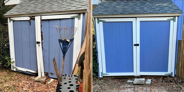 Before and after pics of wood rot repairs on an exterior shed