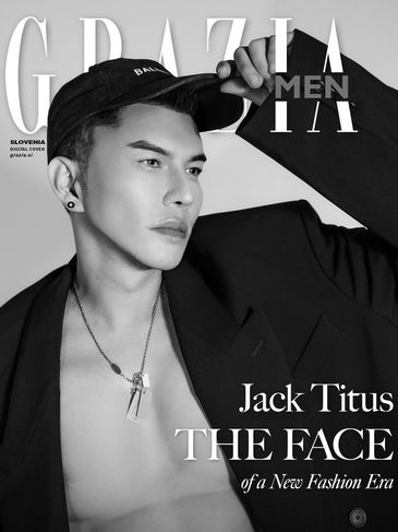 Black and white fashion magazine cover featuring Jack Titus.