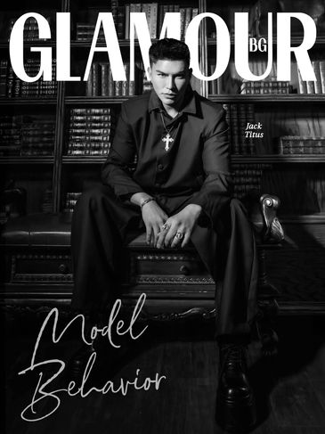 Black-and-white Glamour magazine cover featuring Jack Titus.