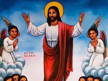 Colorful Ethiopian-style painting of the Ascension of Jesus