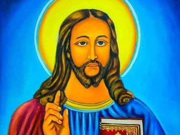A vibrant painting of Jesus Christ with a halo, blessing gesture, and holding a decorated book.