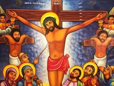 Colorful Ethiopian-style painting of the Crucifixion with Jesus and mourning figures.