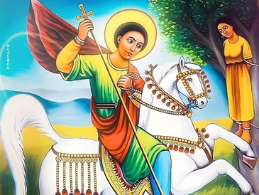 Saint George on a white horse slaying a dragon, rescuing a bound woman.