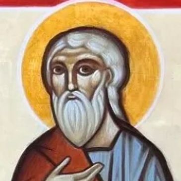 Iconic religious painting of three haloed saints with symbolic objects.