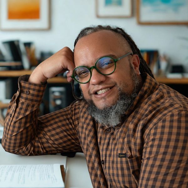 Smiling man with glasses and beard in a cozy office setting.
