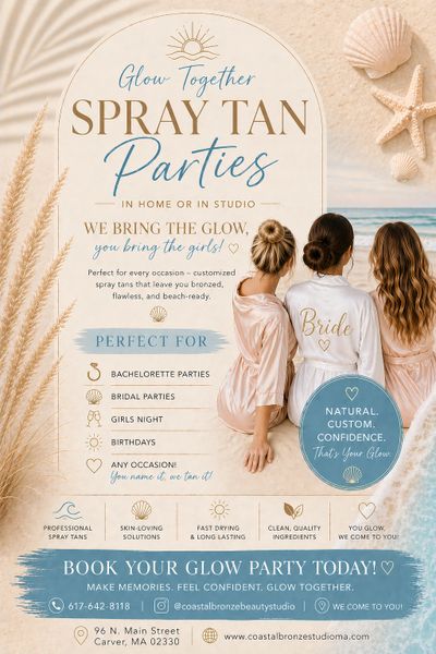 Elegant spray tan party advertisement for bachelorette and bridal events.