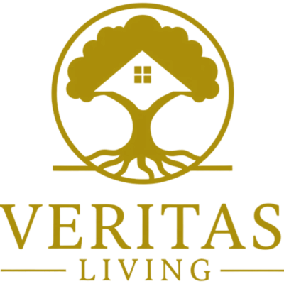 Logo of Veritas Living with a tree and house design in gold.