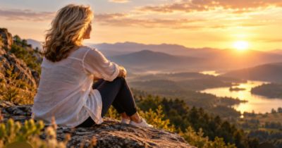 Woman watching sunset over mountainous landscape.