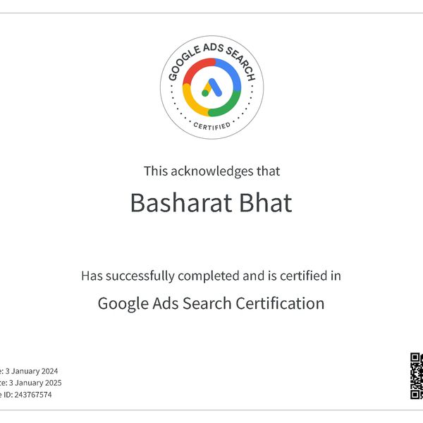 Google Ads Search Certification
Expiry Date: 3 January 2025
Certificate ID: 243767574
