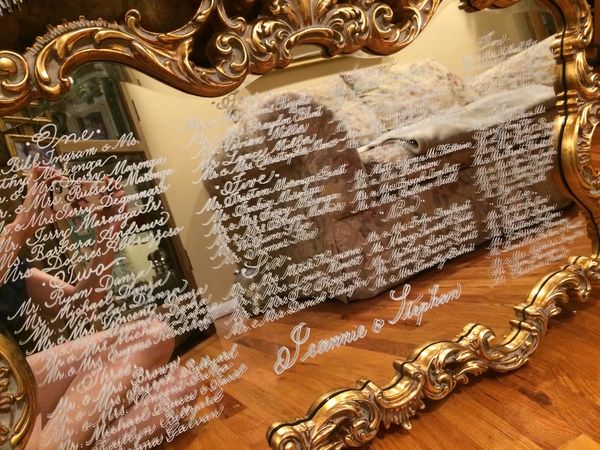 Hand Written Calligraphy Mirrored Seating Chart for the beautiful couple