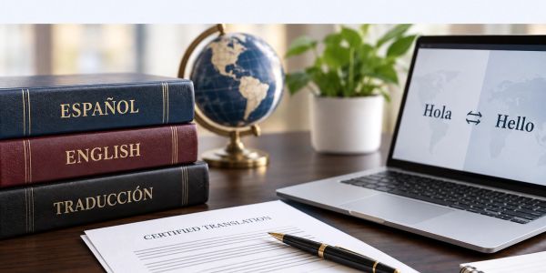 Libros y herramientas para traducción en un escritorio.