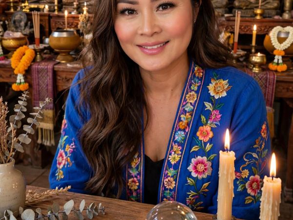 Woman in a blue floral jacket smiling by lit candles.