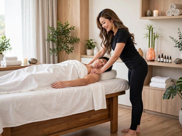 Woman giving a massage to a man in a spa.