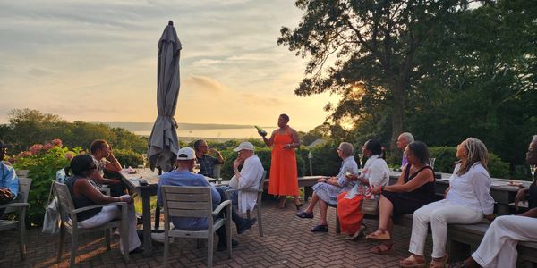 A group enjoys an outdoor gathering at sunset with a speaker in an orange dress.