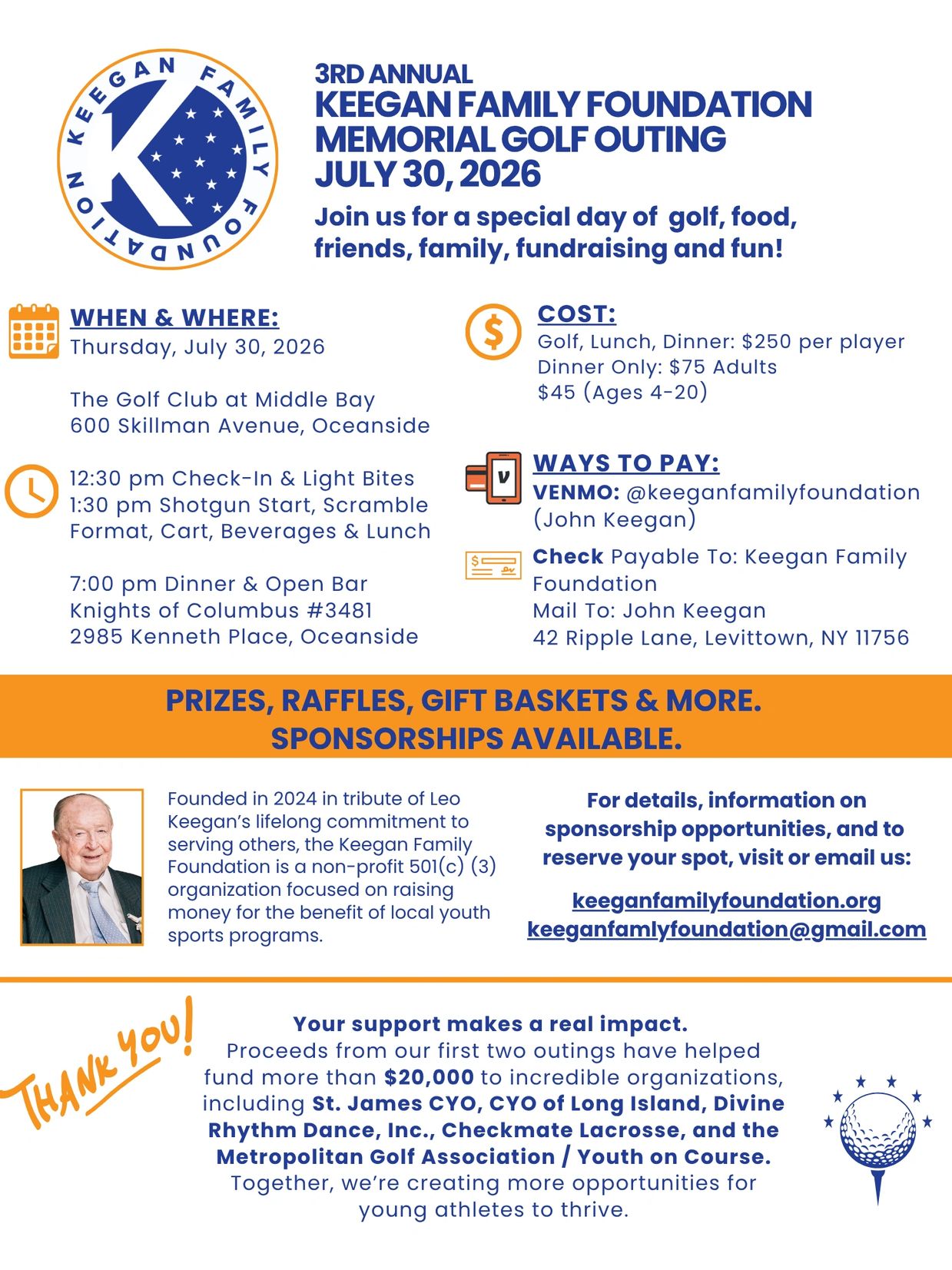 Flyer for 3rd Annual Keegan Family Foundation Memorial Golf Outing on July 30, 2026 with details on event, cost, and sponsorship.