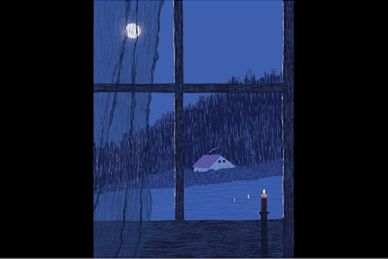 Painting of looking out a window with a single candle at a small home on a hill lit by moonlight.
