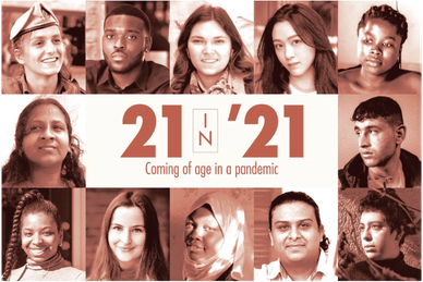 Portraits of twelve twenty-one-year-olds in sepia tone surround the title 
