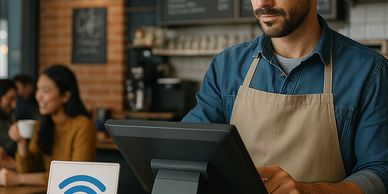 Barista using a POS system in a cozy cafe with Wi-Fi hotspot sign.