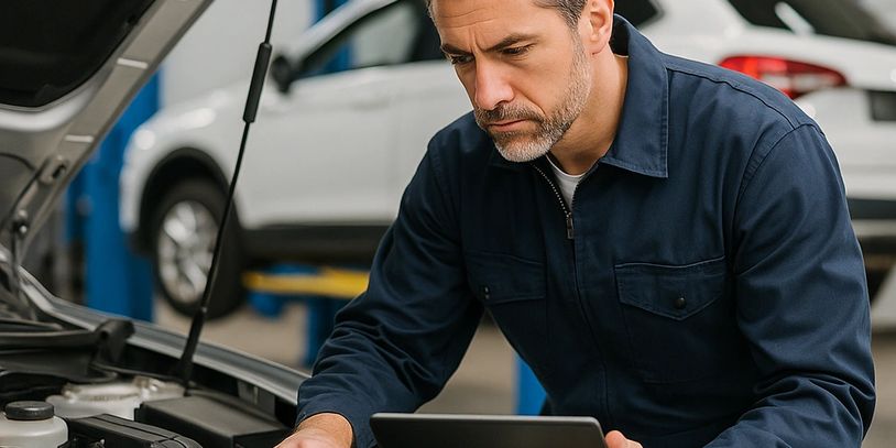 Mechanic inspecting car engine while holding a tablet in a garage.