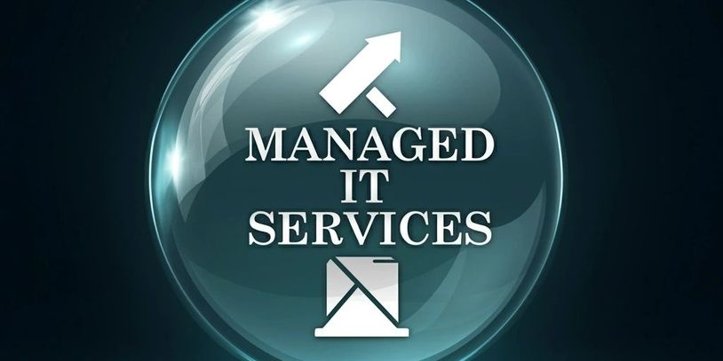Glossy sphere with 'Managed IT Services' text and upward arrow icon.