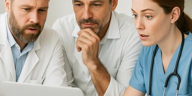 Three medical professionals intently reviewing information on a laptop.
