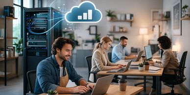 People working on laptops in an office with cloud data server illustration.