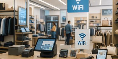 Retail store checkout area with WiFi signage and electronic devices.