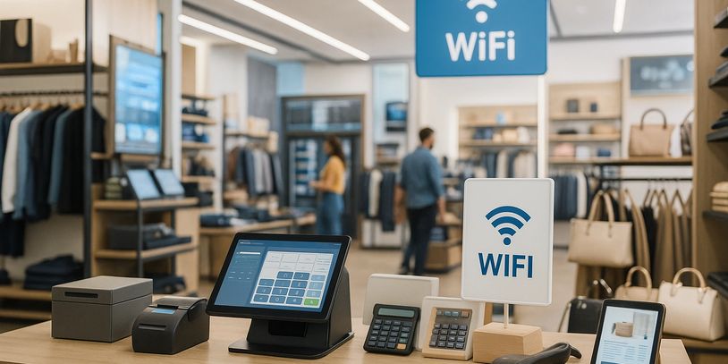 Retail store checkout area with WiFi signage and electronic devices.